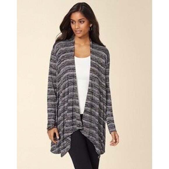 Soma Womens Cardigan Sz S Black Ivory Stripe Drape Front Wrap Melange Cozy - Picture 1 of 9